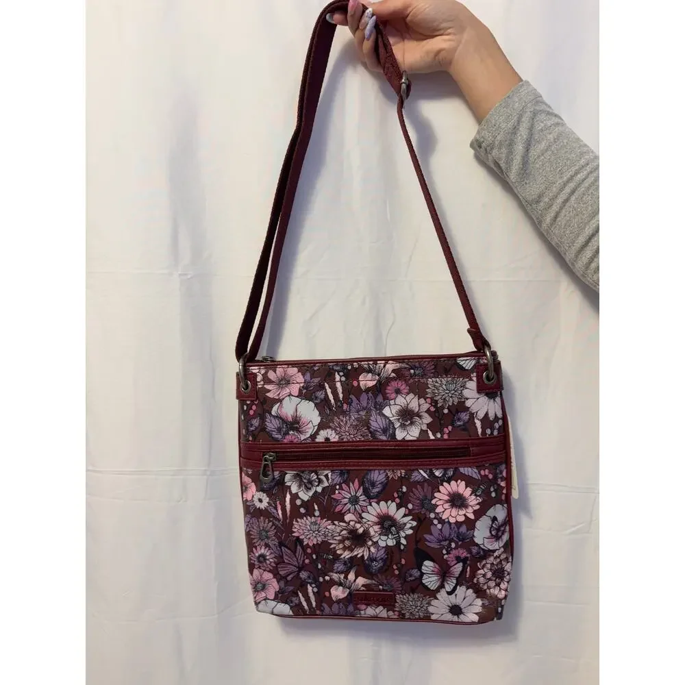 New Sakroots Cross Body Flat Burgundy Red Purple Floral Handbag